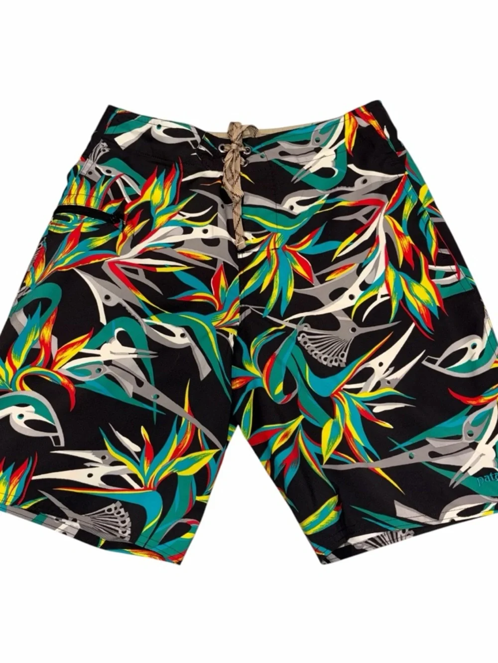 Patagonia Black Tropical Print Wavefarer Board Shorts Swim Shorts size 28